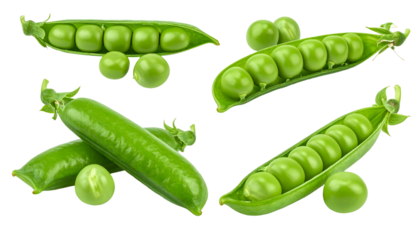 Four pea pods, some open revealing round peas, others closed, with some peas separated