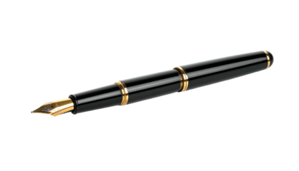 A gleaming black fountain pen with gold accents, set against a stark black background