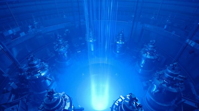 Control rods slowly and precisely withdrawing from a reactor core as the blue Cherenkov glow intensifies, visualizing controlled power increase, nuclear precision, and reactor physics in action.
