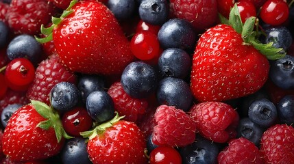 Vibrant assortment of fresh strawberries, blueberries, raspberries, and currants fills the frame.