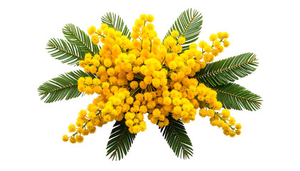 Close-up of bright yellow flowers arranged with green leaves against a transparent background
