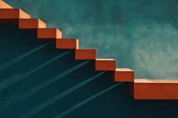 Minimal red staircase casting long shadows on teal wall, abstract business metaphor for growth, discipline and steady progress