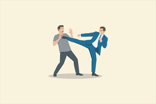 Two men in a heated confrontation as a misunderstanding turns into a physical altercation, showing rising tension, anger, and aggressive interaction. Vector illustration.