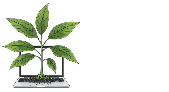 Plant Growing Out of Laptop Screen: Green Technology, Sustainability, and Eco-Friendly Digital Concept
