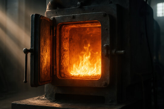 furnace with open door and bright flames burning inside - Powered by Adobe