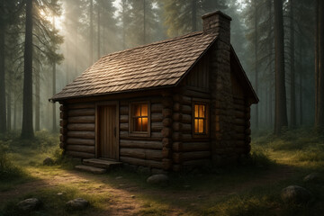 Cozy log cabin nestled in a serene forest with warm inviting light