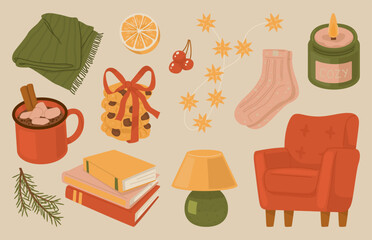 Cozy winter hygge home clipart set