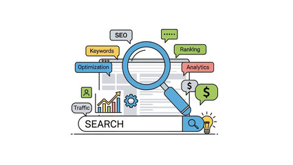 SEO Search Engine Optimization Magnifying Glass Analyzing Website Data.