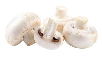 Close-up of white, edible fungi, some whole, one sliced, against a dark backdrop