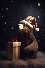 Festive bear under snowfall in winter forest with holiday decorations soft glowing light and winter wonderland atmosphere dog and christmas tree