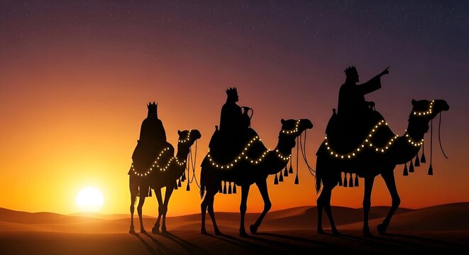 Three Silhouetted Kings Wearing Crowns Riding Camels Decorated with Lights Across a Desert Landscape at Sunset