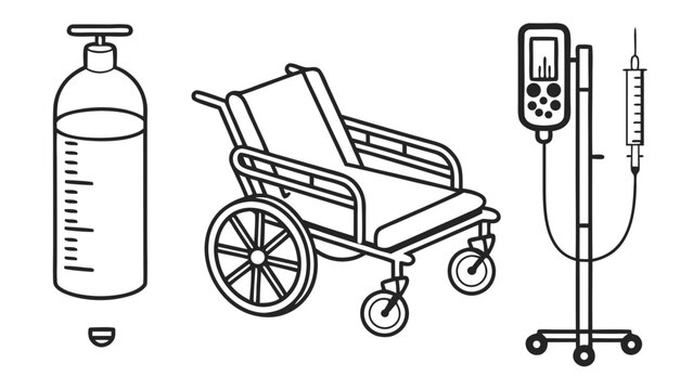 A set of medical equipment line icons featuring a wheelchair, oxygen tank, and an IV drip stand with a pump.
