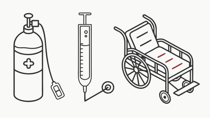 Minimalist medical equipment icons: oxygen tank, syringe, and wheelchair with red accents.