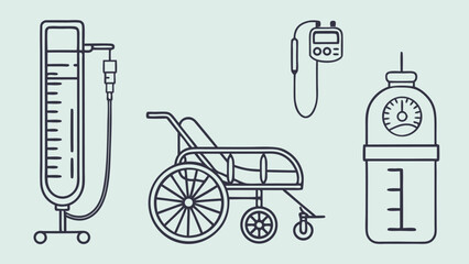 Outline illustration set of hospital equipment including a wheelchair, IV bag, and medical devices.