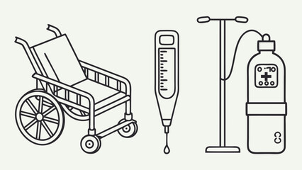 Minimalist black outline medical equipment set: wheelchair, thermometer, and IV drip stand with bag.
