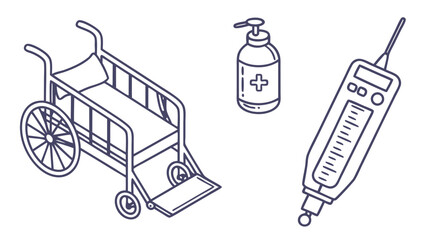 Medical equipment icons: wheelchair, sanitizer, and thermometer