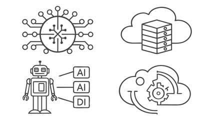 Four minimalist line art icons: neural network, cloud server, AI robot, and cloud processing gear, depicting modern technology.