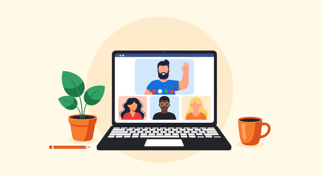 Connect with colleagues during a vibrant video meeting on a laptop in a comfortable workspace at home or the office