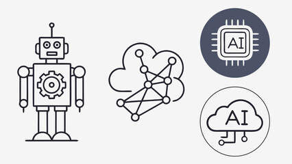 Minimalist black line art icon set for Artificial Intelligence, featuring a robot, neural network, and AI chip.