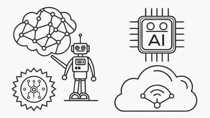 Black Outline Icons: AI Robot, Neural Network, Microchip, Cloud Computing. Technology and Machine Learning Concepts.