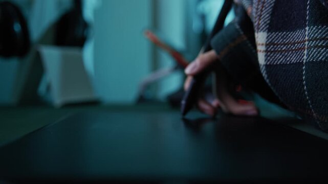 Close-up of anonymous disabled professional artist with limb difference drawing on a tablet, showing creativity and adaptability in remote work