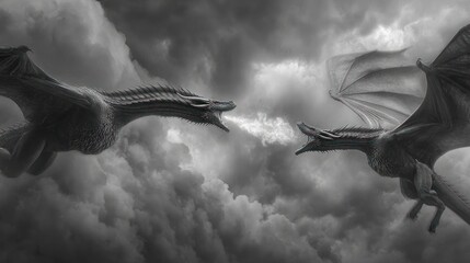 Two dragons facing each other spewing fire into the cloudy grayscale sky