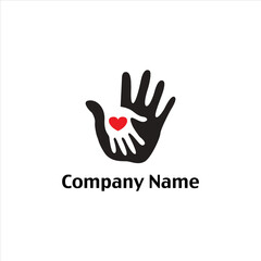 Fototapeta premium Stylized logo featuring a large black hand cradling a smaller white hand with a red heart, symbolizing care, support, and community.