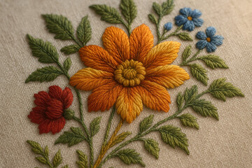 Close-up of beautiful hand-embroidered floral design with detailed stitching