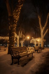 Cozy park bench amid autumn foliage in tranquil park under warm magical light peaceful seasonal nature scene bench in the park at night