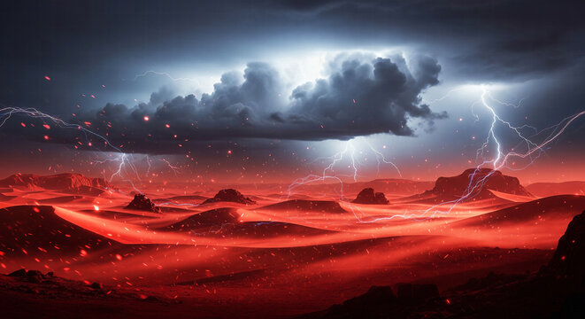 Extreme, fiery red desert landscape with multiple lightning strikes and a stormy, dark cloud-filled sky