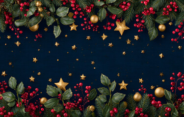 Festive holiday design with golden stars, bright red berries, and lush evergreens evokes warmth and cheer for Christmas cards or seasonal promotions