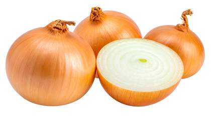 Four golden onions, one sliced open showing concentric rings and a green center