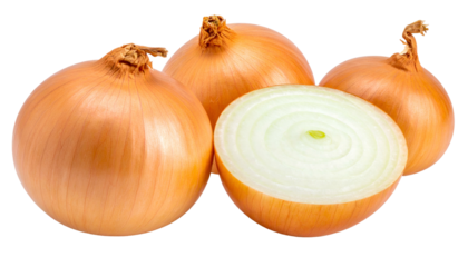 Four golden onions, one sliced open showing concentric rings and a green center