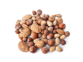 Almonds and hazelnuts, small and large, mixed nuts, fresh grains, with shells, pet food birds and rodents guinea pigs, hamsters, squirrels, or any grain-eating pet isolated on white background.