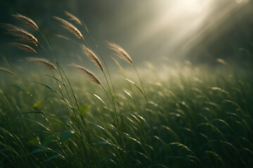 Sunlight streams through tall grass in a field, creating a serene, natural scene