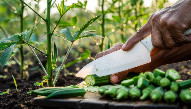 Ultra-HD photo of a strong hand using a glossy ceramic knife to cut dripping okra in a tropical garden, with morning mist and precise details evoking natural freshness and expertise.
