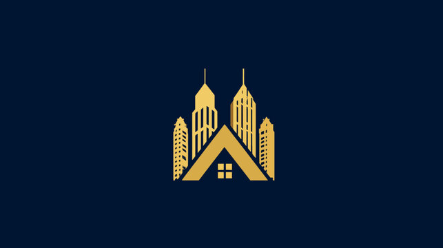 Abstract golden luxury real estate logo concept featuring an 'A' shaped house roof and modern city skyscrapers on a dark blue background.
