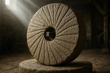 Close-up of an old millstone in a rustic, sunlit setting