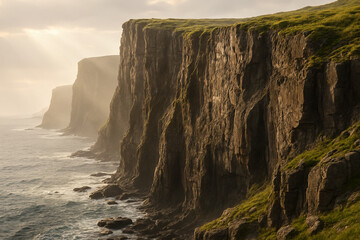 Dramatic coastal cliffs at sunset with ocean waves and golden light