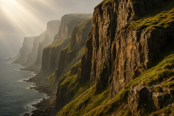 Dramatic coastal cliffs with sunlight and ocean view, landscape photography