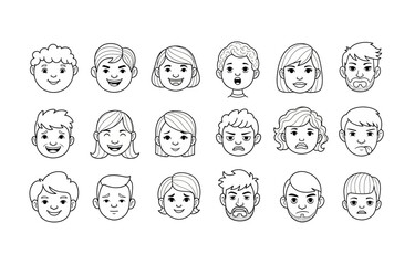 Set of Cartoon Character Facial Expressions in Clean Line Art Style