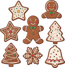 Create Christmas Gingerbread cookies for xmas celebration. Winter homemade sweets and biscuit in festive shapes isolated on white background. Cute flat desserts. Cartoon vector illustration