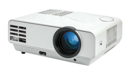Modern white digital projector with lens and ventilation, isolated on a black background