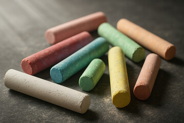 Colorful chalk sticks arranged on a dark textured surface