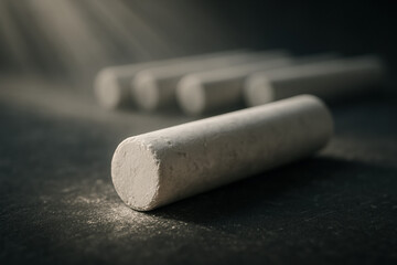 Close-up of white chalk sticks on a dark surface with soft lighting