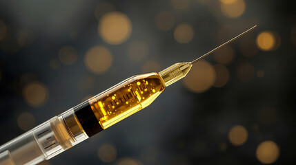 Close-up of syringe containing golden vitamin serum or vaccine. Premium medical concept of aesthetic injection or expensive cure on dark background.
