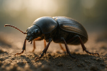 Close-up of a dark beetle crawling on the ground in natural sunlight