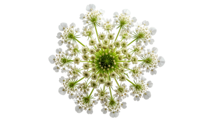 Overhead shot of a delicate, white, clustered wildflower against a black background