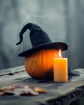 Ab&oacute;bora decorada com chap&eacute;u de bruxa ao lado de vela acesa em cen&aacute;rio r&uacute;stico, simbolizando Halloween, clima misterioso, tradi&ccedil;&atilde;o sazonal e elementos cl&aacute;ssicos da celebra&ccedil;&atilde;o tem&aacute;tica de outubro