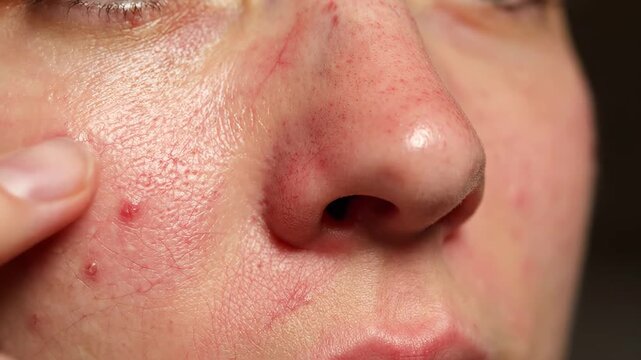 Close up shot of an individual's face showcasing various skin issues. A finger is seen gently pressing a pimple on the cheek with acne, rosacea, and couperose visible